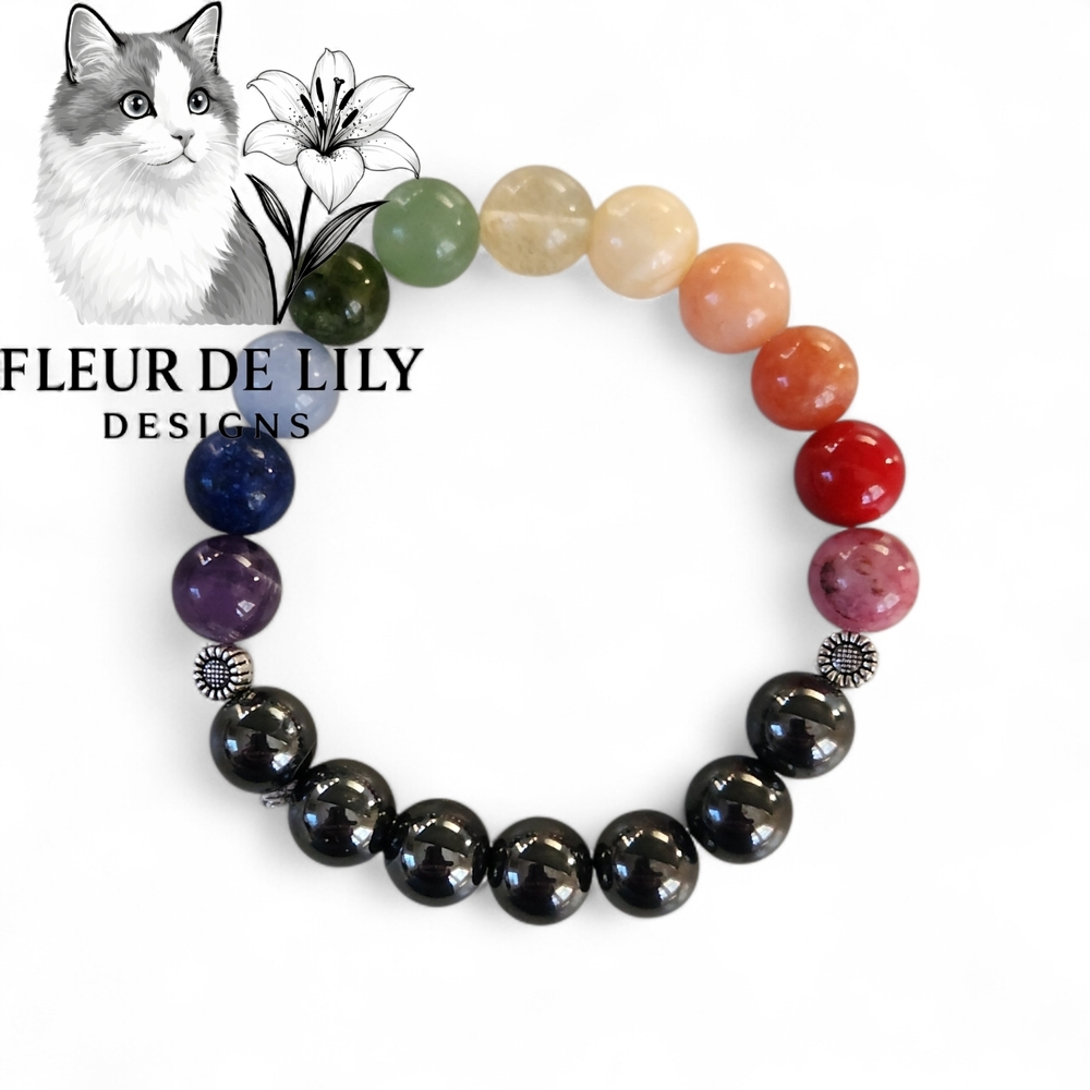 Natural Stone Chakra Rainbow Bracelet With Hematite 10mm